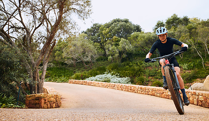 Image showing Path, nature and a man with a bike for cycling, fitness training and race. Exercise, active and a professional cyclist on a bicycle for a competition, cardio and sports in a park, road or countryside