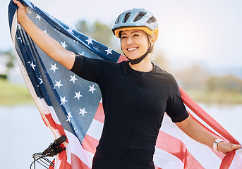 Image showing Fitness, American flag and woman with smile, biker and victory with competition, workout and training. Female athlete, happy person and cyclist with symbol for USA, winning and happiness with success