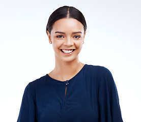 Image showing Smile, happy and portrait of woman on a white background for empowerment, confidence and happiness. Fashion, mockup and isolated face of girl with natural makeup, cosmetics and beauty in studio