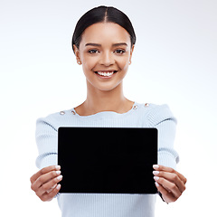 Image showing Mockup studio portrait, tablet or happy woman with sales promotion, advertising copy space or discount deal mock up. Brand presentation female, logo or tech device screen on isolated white background