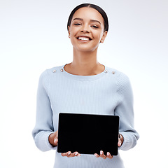 Image showing Happy mock up portrait, tablet and woman with sales promo, advertising tech space or discount deal mockup. Interactive touchscreen, digital presentation or studio female isolated on white background