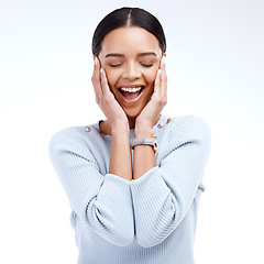 Image showing Surprise, wow and woman with smile, excited and cheerful model isolated against a white studio background. Female, joy and happy person with news, positive and shock reaction with happiness and emoji