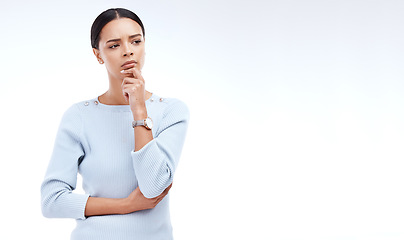 Image showing Thinking, mockup and a woman with a difficult decision isolated on a white background in a studio. Doubt, confused and a corporate employee looking thoughtful about business with space on a backdrop