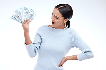 Image showing Woman, surprise and cash fan in studio with excited face, shock or winning of prize, bonus or profit. Model, winner girl and isolated person with wow for money, investment or win by white background