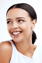 Image showing Smile, beauty and face of woman on a white background for self love, confidence and happiness in studio. Skincare, salon mockup and isolated happy girl with natural makeup, cosmetics and wellness