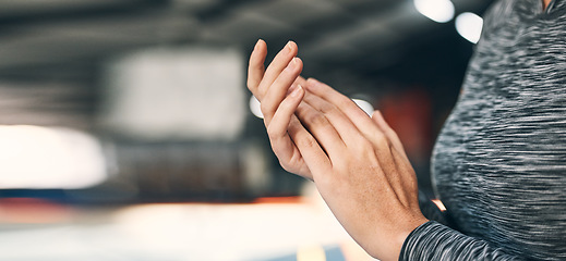 Image showing Hands, gymnastics and a girl in a gym for a competition, practice or fitness training. Mockup, exercise and a gymnast ready for rehearsal, sports event and a performance in professional sport