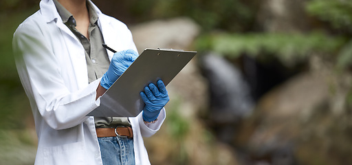 Image showing Clipboard, nature and scientist in agriculture research, sustainability and plants checklist for climate change test. Green, sustainable growth and science woman or medical person hands writing notes