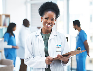 Image showing Clipboard, portrait and black woman doctor with healthcare service, happy hospital management and planning. Face, smile and professional medical person with checklist for clinic career and mission