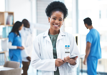 Image showing Tablet, portrait and black woman doctor with healthcare service, happy hospital management and digital planning. Professional worker or medical person of software, clinic meeting or research mission