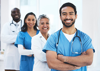 Image showing Team of doctors, proud portrait and healthcare service, leadership and happy teamwork in hospital diversity. Professional nurses, medical man and women or people with mindset for clinic career