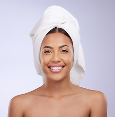 Image showing Natural face portrait, towel or happy woman in studio isolated on white background for skincare beauty. Facial treatment, bathroom shower or Brazilian girl model relaxing with glow or self love