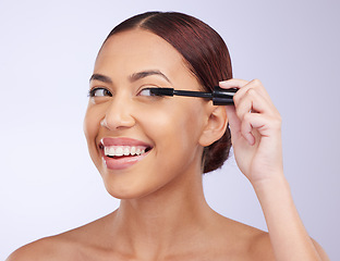 Image showing Face, mascara makeup or happy woman in studio isolated on white background in facial treatment. Skincare beauty, grooming brush or girl model smiling with tools or luxury self care eyelash cosmetics