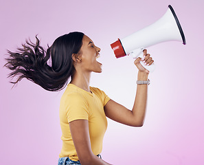 Image showing Angry megaphone announcement, shout or woman protest for revolution strike, government change or justice. Human rights voice, microphone noise speech or profile of studio speaker on purple background