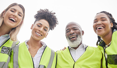 Image showing Architecture, teamwork and portrait of people for engineering, construction site and planning. Collaboration, building and happy man and women contractors for inspection, maintenance and project