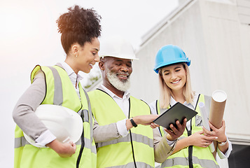 Image showing Architecture, teamwork and people with tablet for engineering, city construction and planning. Collaboration, building and happy man and women on digital tech for inspection, maintenance and project