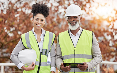 Image showing Architecture, engineer and portrait of people on tablet for building, construction site and planning. Engineering, teamwork and happy man and woman contractor for maintenance, inspection and project