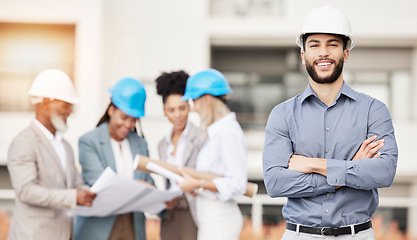 Image showing Architecture, engineer and portrait of man with team for building, construction site and city planning. Engineering, leader and happy male worker for property development, inspection and maintenance