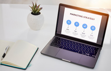 Image showing Laptop, marketing and strategy with notebook and screen on office desk for planning, schedule or brainstorming. Computer with book for notes and project plan with display for corporate advertising