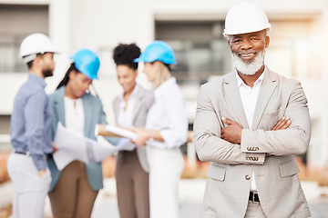 Image showing Architecture, construction and portrait of senior black man with team for building site, engineering and planning. Property development, leadership and happy male contractor for city maintenance