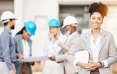 Image showing Architecture, engineer and portrait of woman with team for building, construction site and planning. Engineering, leadership and happy female contractor for property development and maintenance