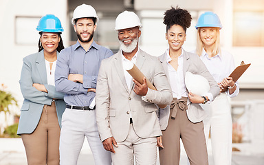 Image showing Architecture team, engineer and portrait of people for building, construction site and planning. Civil engineering, property development and men and women for inspection, maintenance and project