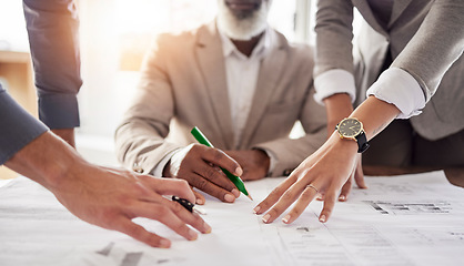 Image showing Business people, hands and meeting with blueprint in planning, strategy or brainstorming for construction at office. Hand of architect or group working in teamwork on floor plan, drawing or sketch