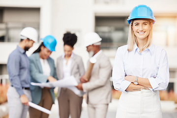 Image showing Architecture, engineer and portrait of woman with smile for building, construction site and planning with team. Engineering, leader and female contractor for maintenance, inspection and development