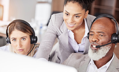 Image showing Business people, call center and coach training staff in customer service, support or telemarketing at office. Woman coaching team in contact us, teamwork or collaboration for online advice or help