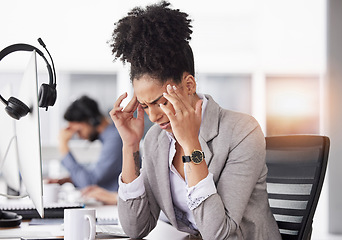 Image showing Business woman, headache and stress in burnout, fatigue or overworked at the office. Stressed, tired and exhausted female suffering bad head pain, sore or ache from strain in discomfort at workplace