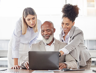 Image showing Business people, laptop and team collaboration in meeting for planning, schedule or brainstorming at the office. Group working on computer sharing ideas in teamwork for project plan at the workplace