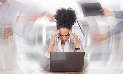 Image showing Fast, business woman and stress with burnout, busy and multitasking with headache or pain. Female employee, leader or worker with a migraine, depression and mental health with a project or overworked