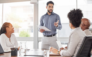 Image showing Meeting, proposal and team workshop, man with ideas at project presentation for growth and development. Success, investment pitch and diversity at work with happy business people in startup office.