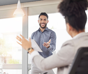 Image showing Meeting, question and man at proposal, workshop or project presentation for growth and development. Success, investment pitch and ideas from woman, faq for target goals for planning in startup office