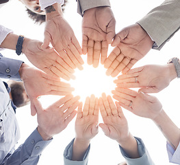 Image showing Business people, hands together and circle in teamwork, motivation or unity for collaboration below. Hand of group or community in trust, coordination or team building for solidarity or partnership