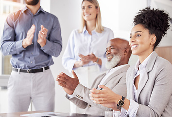 Image showing Meeting, applause and congratulations with smile at team building, proposal goals or project presentation. Success, achievement and promotion of ideas in office with men and women in startup office.