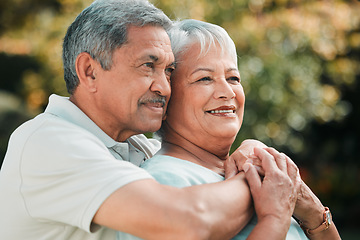 Image showing Love, retirement and an old couple hugging outdoor while thinking about memories in the garden together. Nature, peace or marriage with a senior man and woman bonding in a park in the countryside