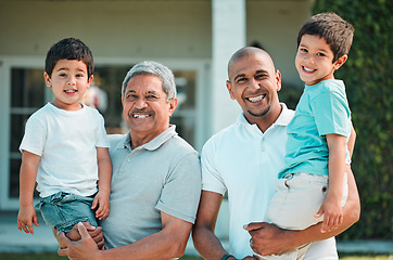 Image showing Dad, grandpa and children outdoor for portrait in backyard of house with a smile, love and care. Man, senior and boy kids family together for security and quality time with happiness and support