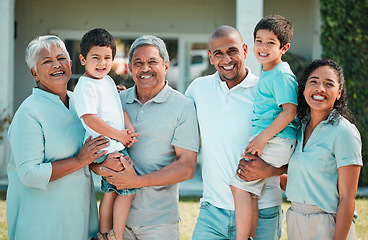 Image showing Parents, grandparents and children outdoor for family portrait in backyard with a smile, love and care. Men, women and boy kids smile together for security and quality time with happiness at house