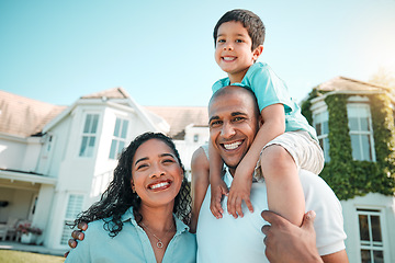 Image showing Happy mother, father and child outdoor as family in backyard with a smile, love and care. Man, woman and boy kid with parents for holiday fun, security and quality time with happiness at house