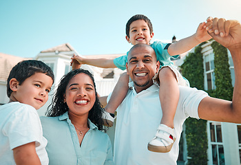 Image showing Mother, father and children portrait outdoor as family in backyard of house with a smile, love and care. Man, woman and boy kids with parents and having fun playing or quality time with happiness