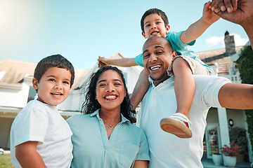 Image showing Children, father and mother portrait outdoor as family in backyard with a smile, love and care. Man, woman and boy kids with parents for security and quality time with happiness and support at house