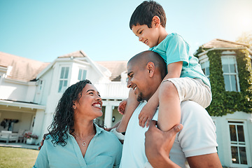 Image showing Mother, father and child happy outdoor as family in backyard of house with a smile, love and care. Man, woman and boy kid with parents for fun, playing and quality time together for happiness