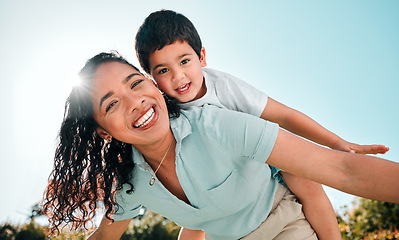 Image showing Mother, child or happy family portrait outdoor playing airplane game for fun in backyard. Woman and boy kid play for happiness, freedom and adventure on a travel holiday with love and a smile outdoor