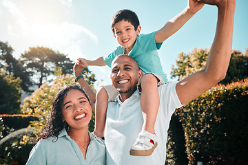 Image showing Mother, father and child portrait outdoor as family at nature park with a smile, love and care. Man, woman and boy kid with parents together for security, playing and quality time with happiness