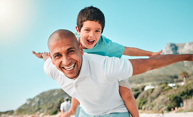 Image showing Dad, child or happy family portrait outdoor playing airplane game for fun at beach. Man and boy kid play for happiness, freedom and adventure on travel holiday or vacation in nature with love outdoor