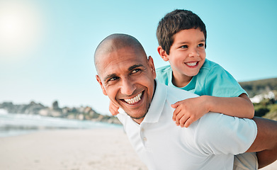 Image showing Dad, child and family outdoor at beach playing game for fun or happy and thinking. Man and boy kid play for happiness, freedom or adventure on travel holiday or vacation in nature with love outdoor