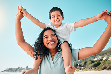 Image showing Family, happy and portrait at beach for summer with child and mother holding hands for fun. Happy woman and boy kid playing for happiness, freedom and adventure on a travel holiday with love outdoor