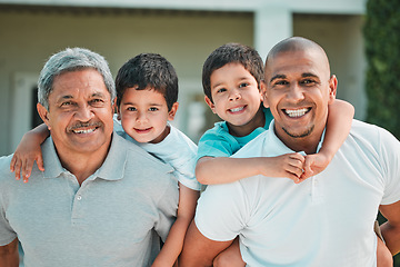 Image showing Grandfather, father and children portrait outdoor for piggyback in backyard with smile, love and care. Man, senior and boy kids family at house for security and quality time with happiness or support