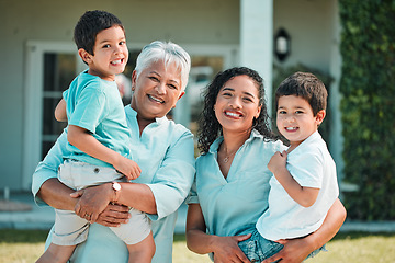 Image showing Mother, grandma and children portrait outdoor as family in backyard of house with a smile, love and care. Woman, senior and boy kids together security, support and quality time with happiness