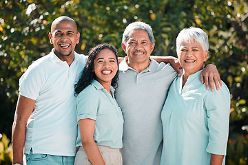 Image showing Family, love or portrait with an old couple, daughter and son in law bonding outdoor in the garden together. Happy, smile or bonding with a man and woman at their senior parents for a visit in summer